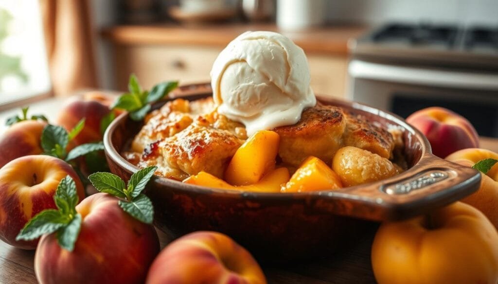 peach cobbler with ice cream